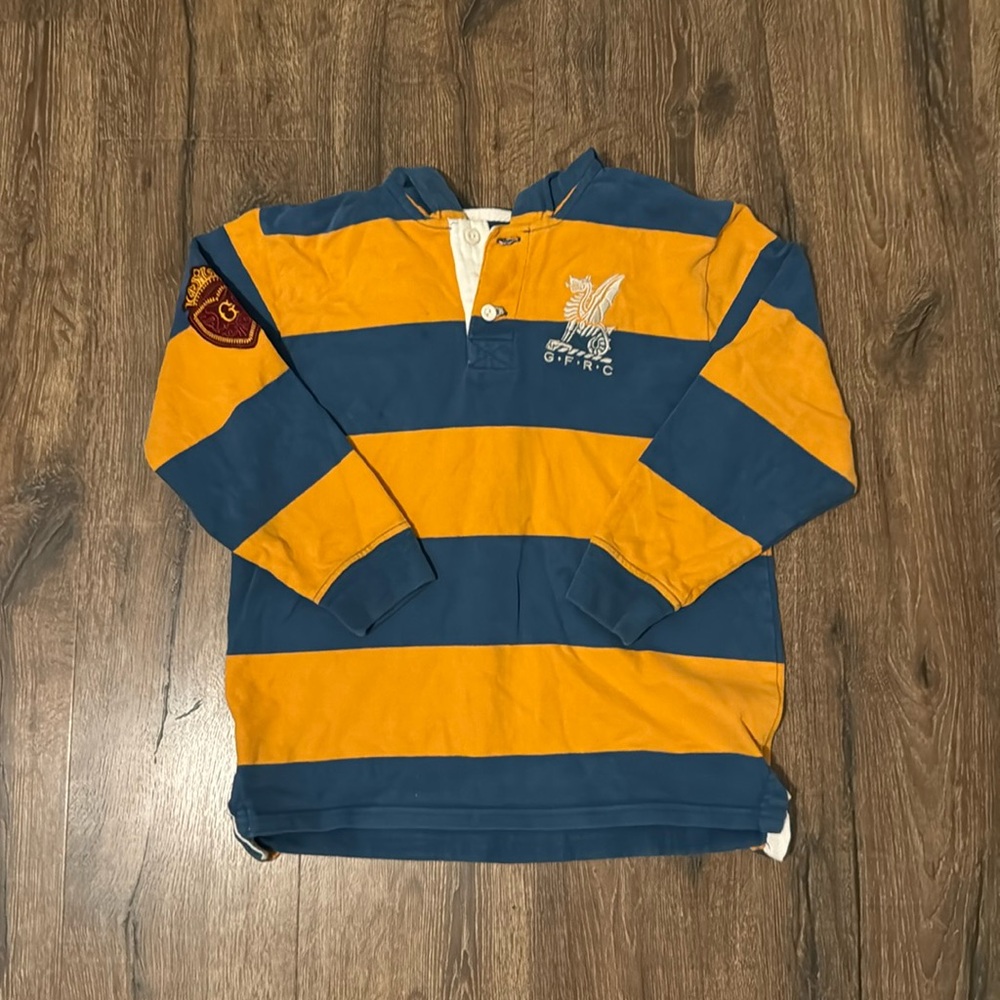 Boys yellow and blue striped rugby shirt large (10)